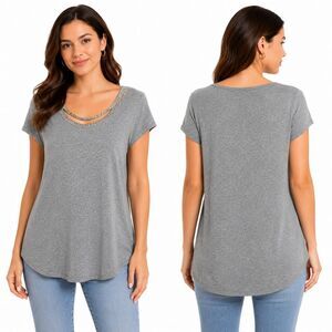 Ann Taylor Loft Gray Embellished Neck Tee Small